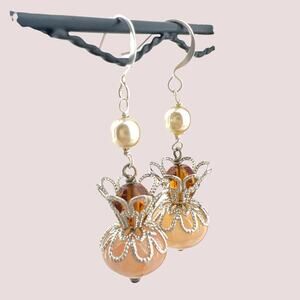 Peach Crazy Lace Agate Faux Pearl Crown Drop Earrings on Silver Tone Wire